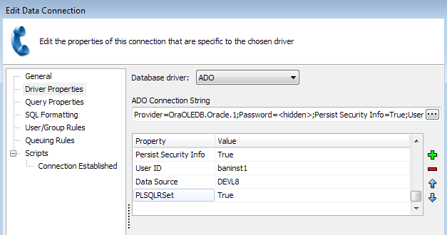 The Edit Data Connection screen in MAPS.  Under the Driver Properties tab, a new property called PLSQLRSet has been added in the list of properties, with its value set to True.